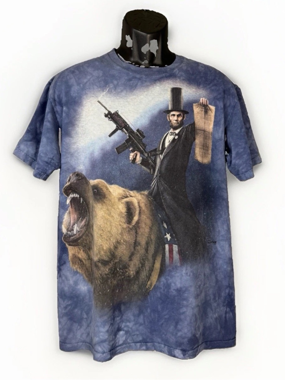 The Mountain Abraham Lincoln Riding Bear T Shirt Size M Blue Tie Dye Y2K